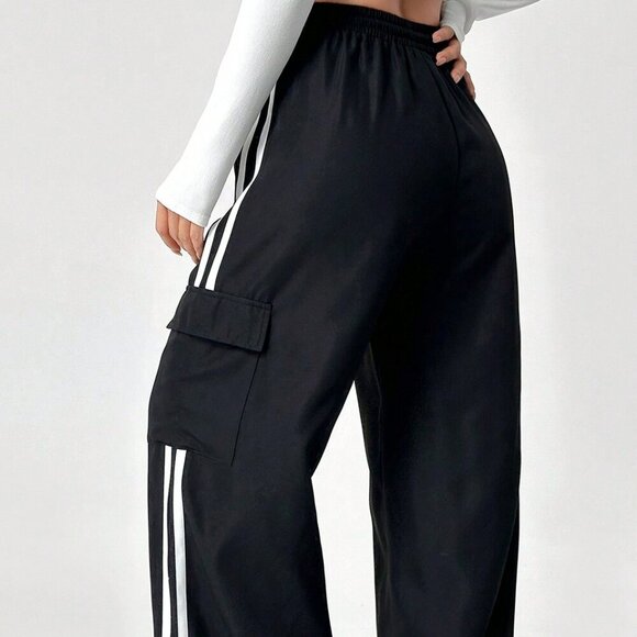 Black Casual Women's Drawstring Waist Striped Side Pocket Pants - Picture 2 of 6